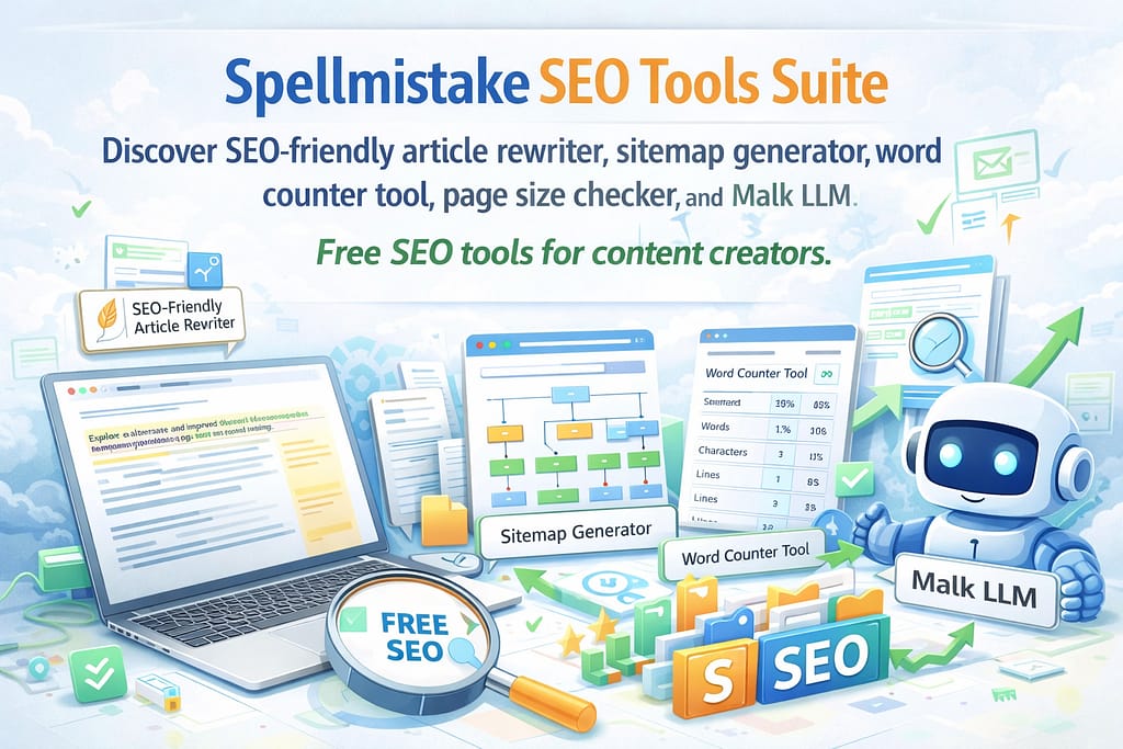 Spellmistake SEO tools suite. Discover SEO-friendly article rewriter, sitemap generator, word counter tool, page size checker, and Malk LLM. Free SEO tools for content creators.